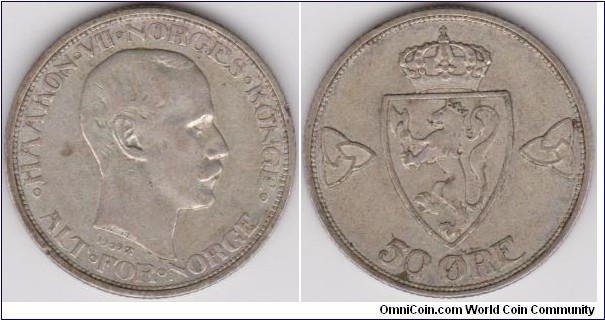 50 Öre Silver 1909 Norway Haakon VII, RARE 
