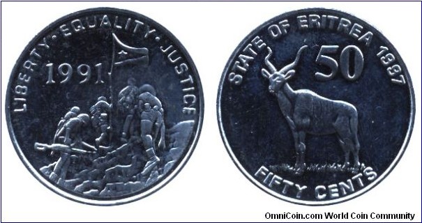 Eritrea, 50 cents, 1997, Ni-Steel, 24.95mm, 7.8g, Great Kudu, 1991 Recolution: Liberty, Equality, Justice.