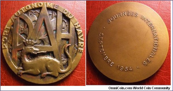 1964 France Port of Havre Journees Internationales Medal by Rene Mery. Bronze 68MM/128 gm
