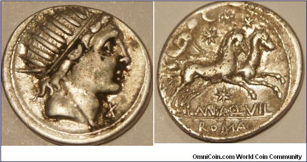 Mn.Aquilius 109/108 BC.  Sol on the obverse, Roma as Luna in a biga on the reverse.
