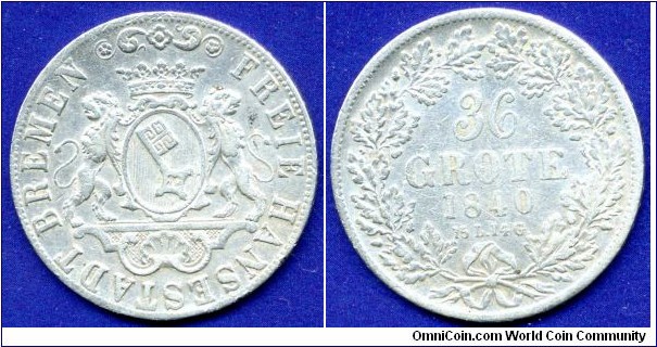 36 Grote (1/2 Thaler).
Freie Stadt Bremen.
Mintage 170,000 units.


Ag986f. 8,77gr.