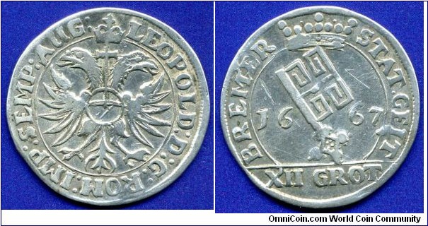 12 Grote (1/6 Thaler).
Free City Bremen.
Leopold I (1657-1705), Emperor of Holy Roman Empire.


Ag.