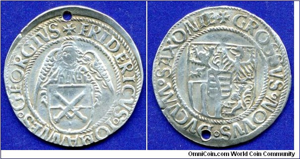 Groschen.
Sachsen-Schreckenberger.
Friedrich, Johann und Georg (1507-1525).
Coin (Groschen), minted from silver mined in the mines of Mount Shrekenberg in Saxony in 1507-1525.


Ag980-985f.