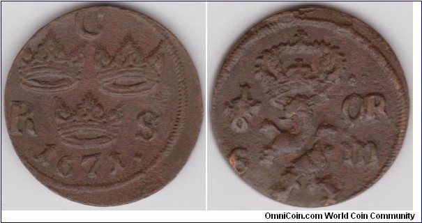 Rare 1/6 Copper Öre, King Karl XI- CRS_Carolus Rex Sveciae