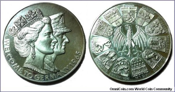 1965 German Queen Elizabeth II & Price Phillip visit Germany Medal. Silver 40MM.
