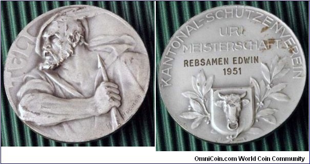1951 Uri Kontanal Schutzenverein Meisterschaft by Huhuenin. Silver 40MM./25gm.
