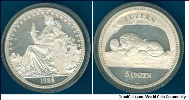 1988 5 Unzen Luzern Lowendenkmal Medal. Silver
65MM.