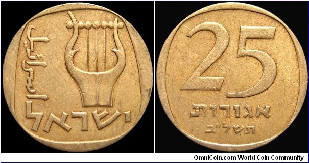 Israel - 25 Agorot - 1972 - Weight 6,5 gr - Aluminium-Bronze - Size 25,5 mm - Alignment Medal (0°) - Engraver Obverse / Rothschild & Lippman - Engraver Reverse / G.& M. Shamir - Edge : Smooth - Mintage 1 883 000 - Reference KM# 27 (1960-79)