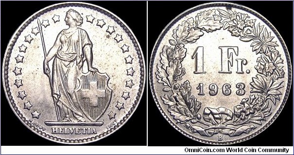 Switzerland - 1 Franc - 1963 - Weight 5,0 gr - Silvercoin 0,835 Ag - 0,1342 Troy Ounce - Size 23,2 mm - Thickness 1,25 mm - Alignment Coin (180°) - Designer Albert Walch / Antoine Bovy - Mintmark B = Bern / Switzerland - Edge : Reeded - Mintage 13 476 000 - Reference KM# 24 (1875-1967)