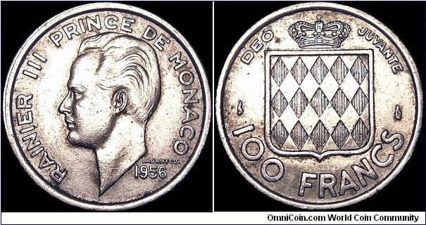 Monaco - 100 Francs - 1956 - Weight 6,0 gr - Copper-Nickel - Size 24 mm - Alignment Coin (180°) - Ruler / Rainier III (1949-2005) - Engraver Obverse / Henri Lagriffoul -Edge : Reeded - Mintage 500 000 - Reference KM# 134 (1956) 