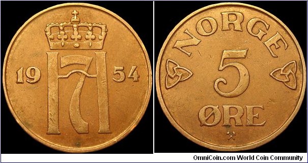 Norway - 5 Öre - 1954 - Weight 8,0 gr - Bronze - Size 27 mm - Alignment Medal (0°) - Ruler / Haakon VII (1905-57) - Edge : Smooth - Mintage 4 536 000 - Reference KM# 400 (1952-57)