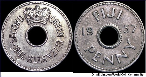 Fiji - 1 Penny - 1957 - Weight 6,64 gr - Copper-Nickel - Size 26 mm - Alignment Medal (0°) - Ruler / Elizabeth II - Royal Mint, London, Great Britain - Edge : Plain - Mintage 360 000 - Reference KM# 21 (1954-68)