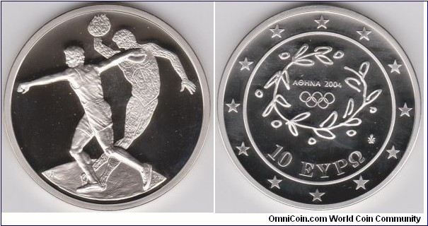 10 euros Silver Proof, Athens 2004 Olympic Games Disc Throwing,Diameter:40 mm, Weight:34 gr,Silver .925 (sterling)