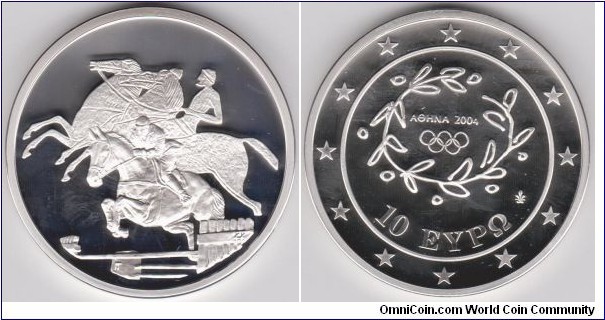 10 euros Silver Proof, Athens 2004 Olympic Games Show Riding,Diameter:40 mm, Weight:34 gr, Silver.925 (sterling)
