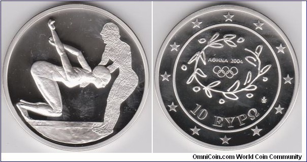 10 euros Silver Proof, Athens 2004 Olympic Games Swimming,Diameter:40 mm, Weight:34 gr,Silver .925 (sterling)